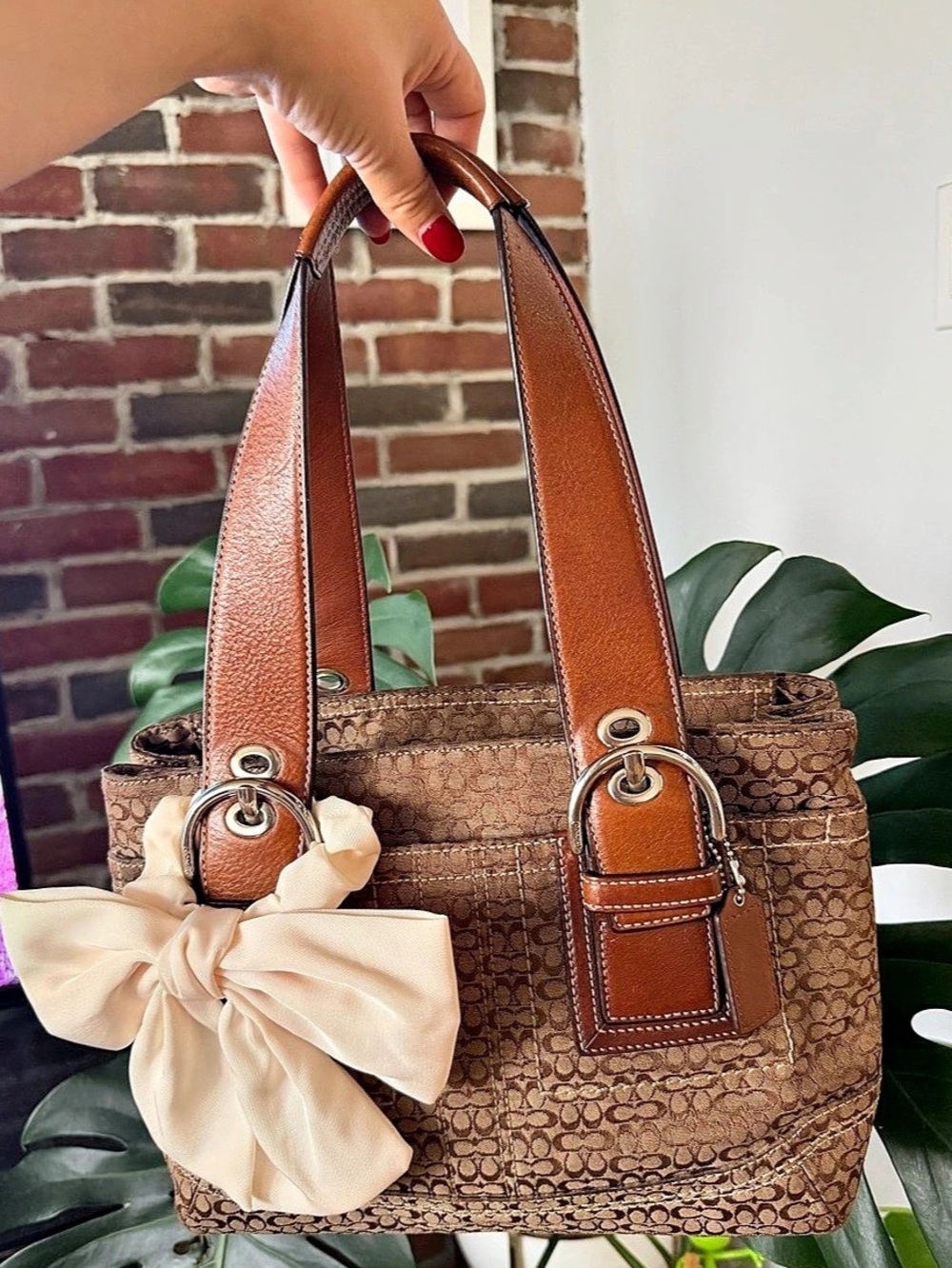 Coach Signature Jacquard Brown Leather Shoulder Tote Bag Y2K